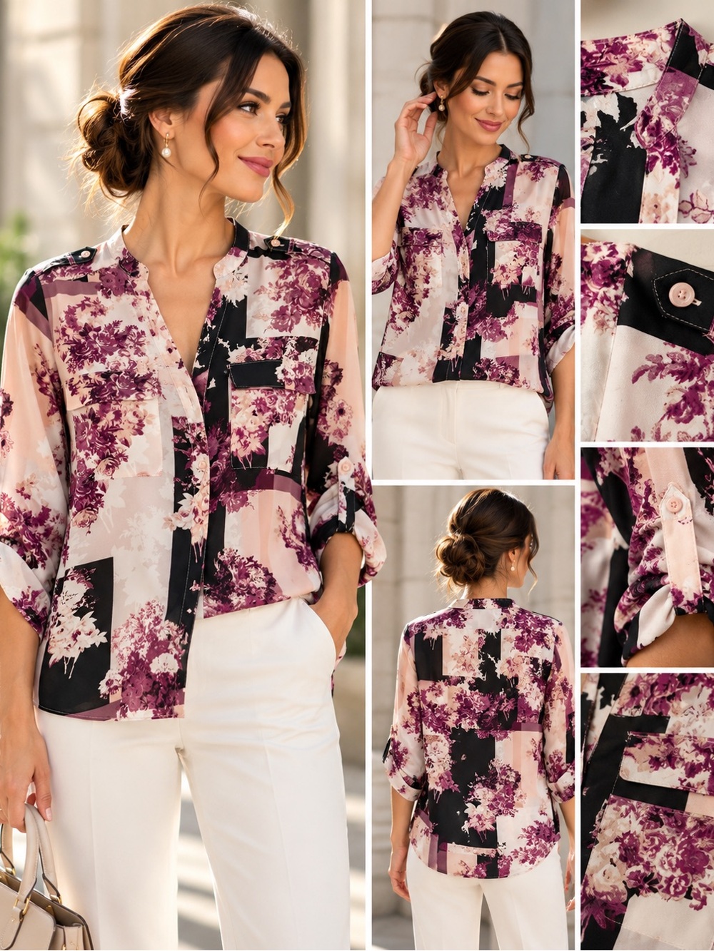 NWOT Calvin Klein Floral Patchwork Blouse Women M Roll Tab Sleeve Button Front